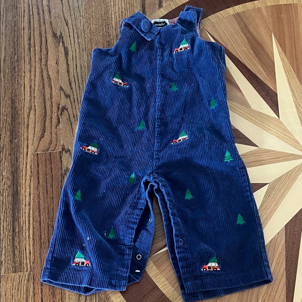 Mud Pie Navy Corduroy Overalls with Car and Tree Design